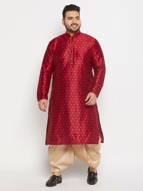 Vastramay Men's Plus Size Maroon Zari Weaved Kurta Dhoti Set